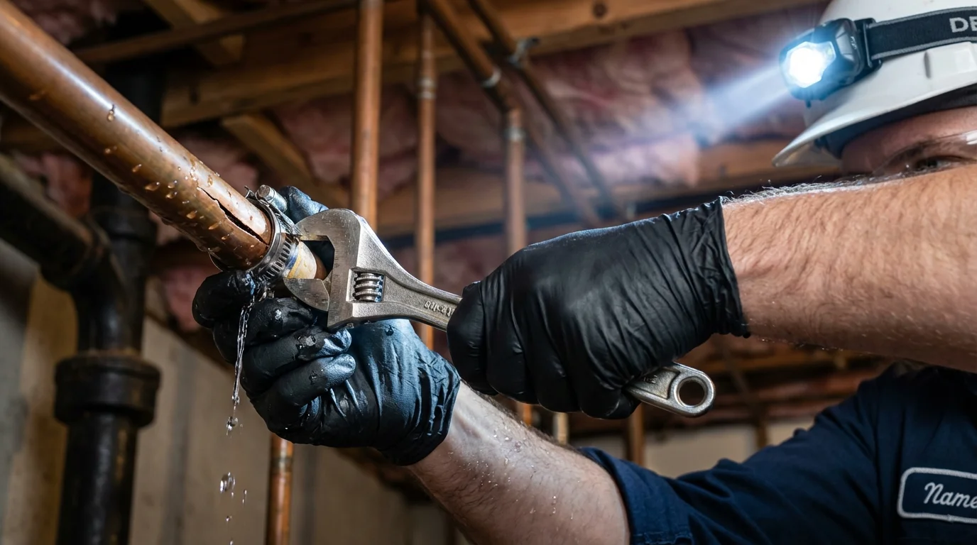 Emergency pipe clamp repair being performed by a Johns Plumbing LLC plumber in Sykesville