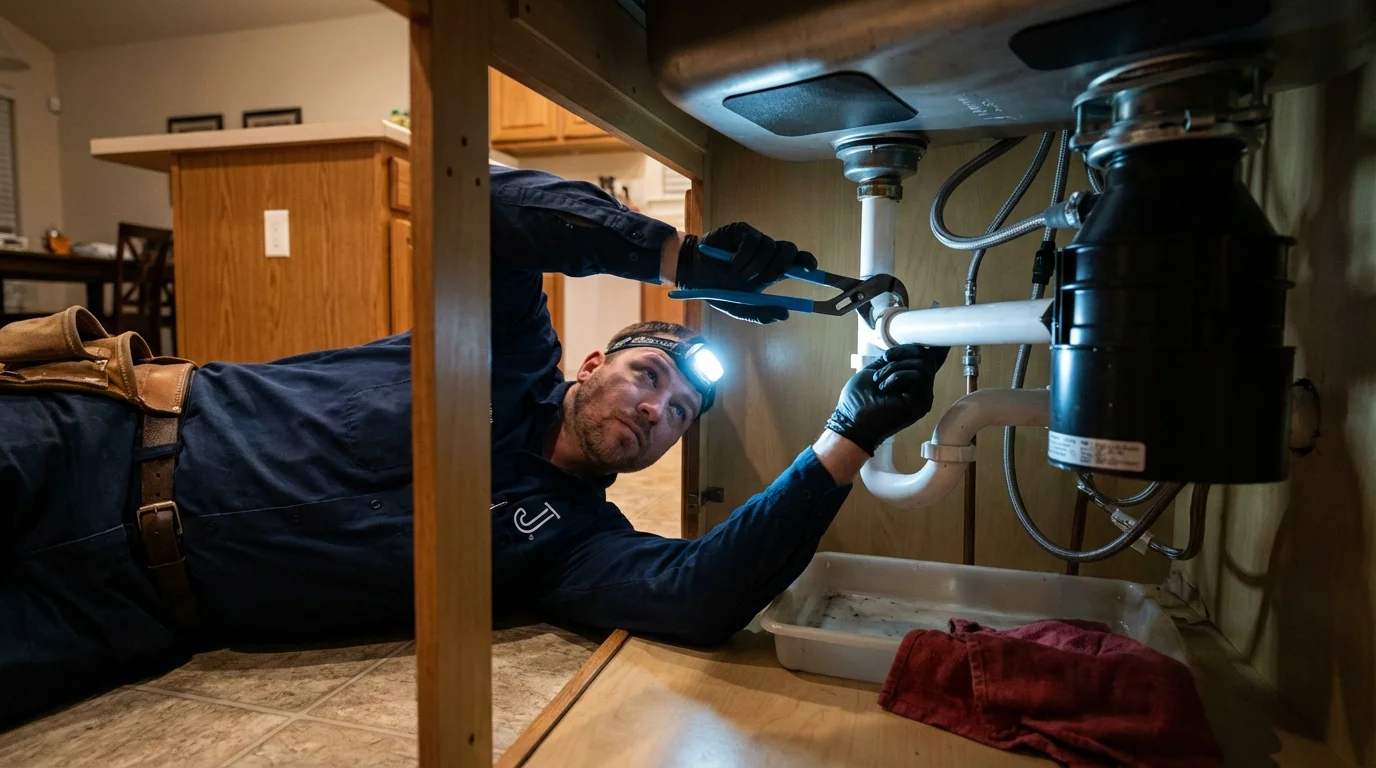 P-trap and supply line connections under a kitchen sink showing a common leak point in Sykesville, PA